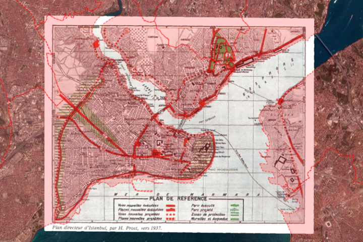 Fransız şehir plancısı ve mimar Henri Prost'un 1937'de hazırladığı şehir planı mevcut İstanbul haritasının üzerinde.