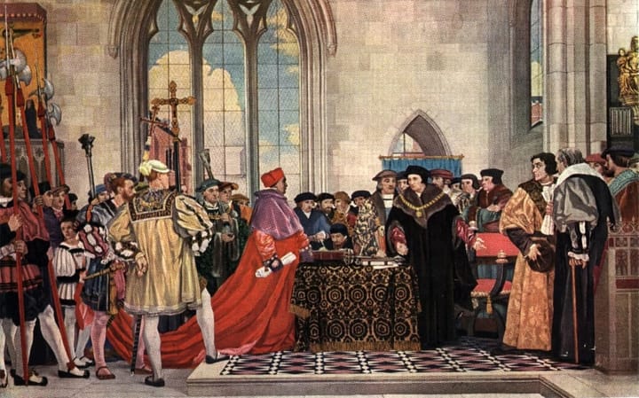 Kardinal Thomas Wolsey ile Thomas More'un karşılaşmasını betimleyen bir 19. yüzyıl resmi. Görsel: Hulton Arşivi, Getty Images